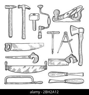 Tools in carpentry workshop. Vector hand drawn illustration. Set of tools for carpentry, equipment hammer and saw Stock Vector