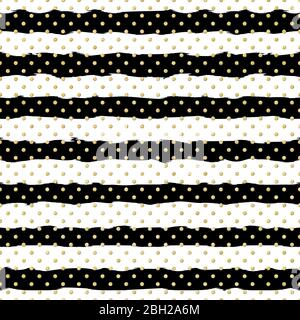 Gold polka dot on trendy background of white and black stripes seamless pattern. Golden foil confetti. Elegant pattern for Christmas background Stock Vector