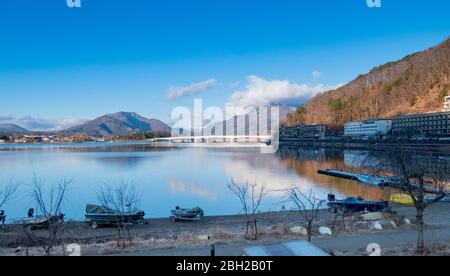 Hotels beside lake Kawaguchiko in the morning time. Kawaguchiko, Japan February 9,2020 Stock Photo