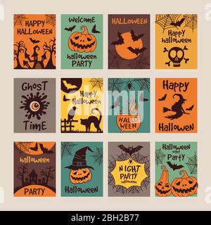 Halloween party invitation cards with different scary illustrations. Vector design template with place for your text Stock Vector