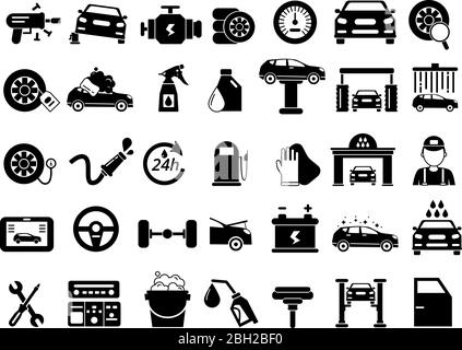 Different details of automobile. Car services icons set. Monochrome vector pictures isolate on white. Collection of icons automobile repair service il Stock Vector
