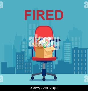 Vector of a chair with a box of personal things of a fired office employee. Stock Vector
