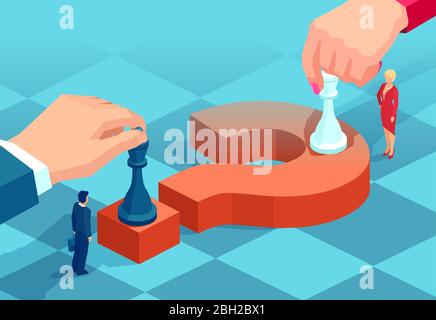 Vector of a businessman and businesswoman moving chess pieces on red question mark negotiating strategic decisions. Stock Vector