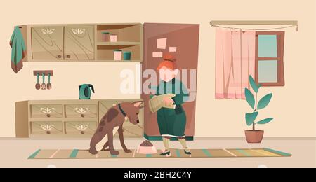 Vector of a senior woman character owner feeding her big dog in the kitchen of her house Stock Vector