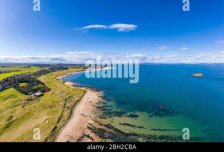 UK, Scotland, North Berwick, Aerial panorama of Firth of Forth and seaside town in summer