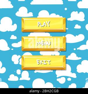 Vector cartoon style buttons with text for game design on clouds in the sky background illustration Stock Vector