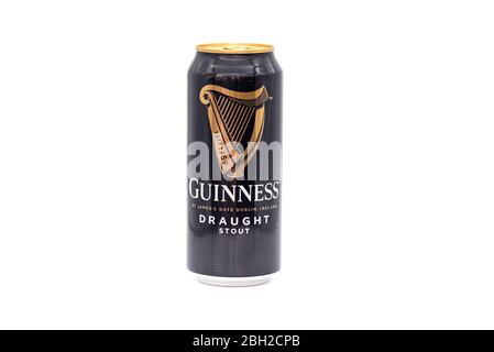 BERLIN - APR 23: Can of Guinness draught Irish beer isolated on white background in Berlin on April 23. 2020 in Germany Stock Photo