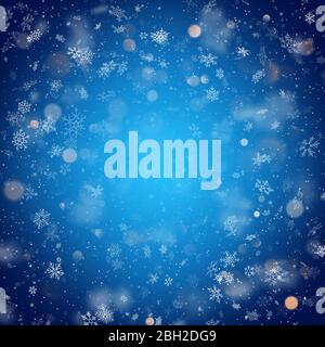 Christmas template with white blurred and clear snowflakes on blue background. EPS 10 Stock Vector