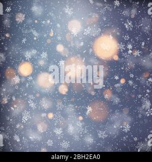 Decorative template Christmas background with snow and bokeh lights. Magic holiday abstract glitter background with blinking stars and falling Stock Vector