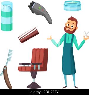 Barber at work and different illustrations of barbershop tools. Vector collection in cartoon style. Hairdresser man, professional tools and equipment Stock Vector