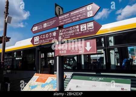 Traffic direction signs at Kawaguchiko bus station to tell how to travel in Lake Kawaguchiko city, Japan February 10,2020 Stock Photo