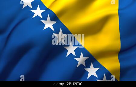 Flag of Bosnia and Herzegovina blowing in the wind. Full page Bosnia Herzegovinan flying flag. 3D illustration. Stock Photo