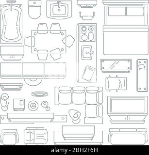 Top view of different furniture set for layout of the apartment. Vector mono line pictures set. Linear apartment house plan, bedroom and kitchen illus Stock Vector