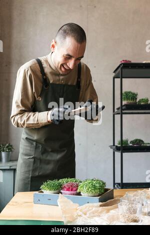 Happy man taking smartphone picture of microgreens on table Stock Photo
