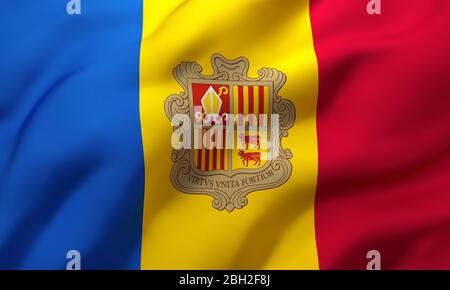 Flag of Andorra blowing in the wind. Full page Andorran flying flag. 3D illustration. Stock Photo