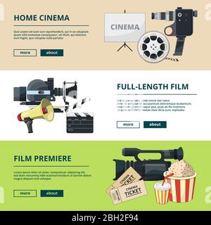 Horizontal banners set with cinema compositions. Video entertainment pictures. Home cinema and video camera, clapper and banner cinematography product Stock Vector