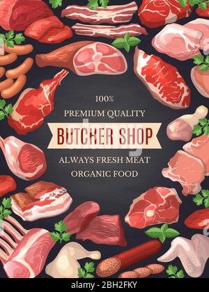 Food pictures set. Illustrations of meat. Poster for butcher shop with organic meat product, sirloin and fresh steak pork vector Stock Vector