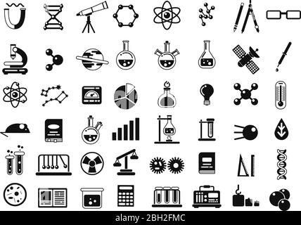 Monochrome set of different chemical symbols and others science icons in flat style. Chemical science laboratory elements. Vector illustration Stock Vector