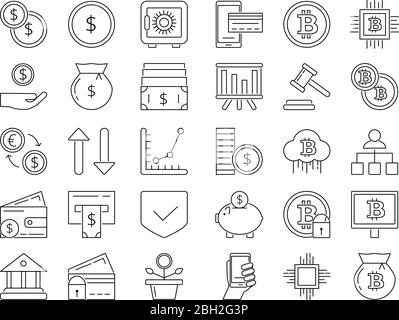 Linear icons set of money and business symbols. Credit cards, coins. Collection of business icons bitcoin mining and cryptocurrency. Vector illustrati Stock Vector
