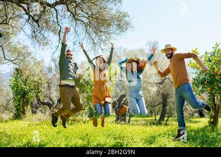 Group of friends jumping in the countryside Stock Photo