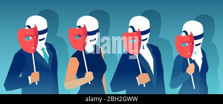 Vector of humanoid robots replacing people at work holding human face masks Stock Vector