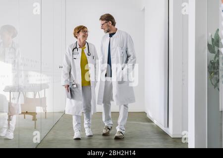 Two doctors discussing waking along hallway Stock Photo