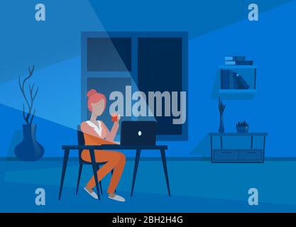 Vector of a young woman working in her apartment at night, sitting at her desk using laptop computer. Stock Vector