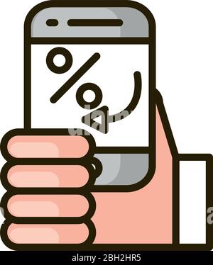 hand with smartphone transaction financial business stock market vector illustration line and fill icon Stock Vector