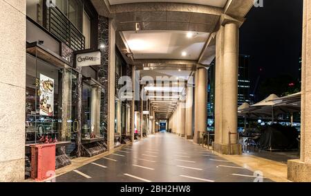 The commercial street with shops at Opera Quays at night with no people, Sydney. Stock Photo