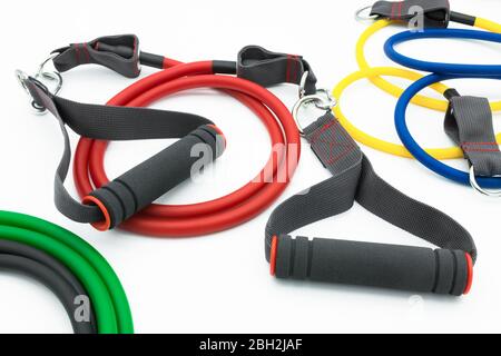 Colorful resistance bands isolated on the white background. Stock Photo