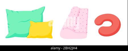 Colored pillow flat cartoon set. Traveling sleeping neck pillow, orthopedic, square pillows. Home interior textile. Feather, bamboo eco fabric. Colorful travelers pad design. Vector illustration Stock Vector