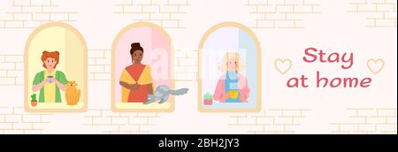 Stay home concept. House facade with windows, girls look out of apartment, cartoon. Stop coronavirus, prevention covid 19. Stay at home with self quarantine to stop outbreak. Vector illustration Stock Vector