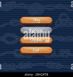 Vector cartoon style wooden enabled and disabled buttons with text for game design on rope knotes stripy background. Illustration of wood gui buttons Stock Vector