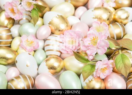 Easter egg decoration with spring cherry blossom flowers Stock Photo
