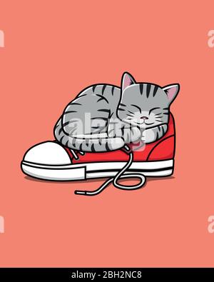 simple vector illustration of gray cat sleeps on red sneaker shoe Stock Vector