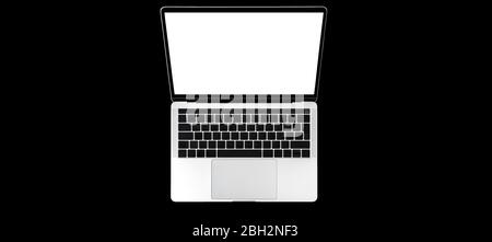Laptop computer keyboard with white screen on black background Stock Photo