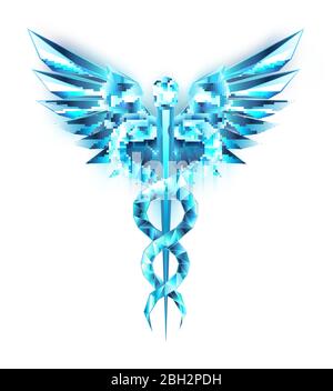 Blue crystal Caduceus symbols on black isolated background. Low poly symbol of medicine. Stock Vector