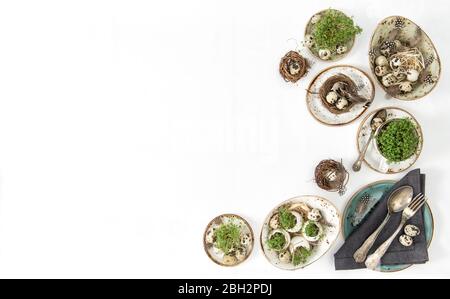 Easter flat lay. Festive decoration with natural and quail eggs Stock Photo