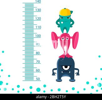 Meter wall or height meter from 50 to 140 centimeter with cute monsters. Height measurement on meterwall centimeter, vector illustration Stock Vector