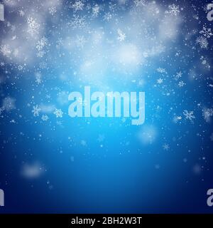 Christmas template with white blurred and clear snowflakes on blue background. EPS 10 Stock Vector