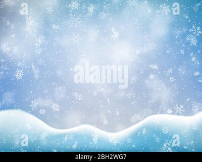 Christmas banner template with falling snow, clouds and snowdrift. Holiday decoration backdrop. EPS 10 Stock Vector
