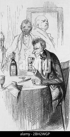 Illustration from Harper's New Monthly Magazine, Volume 21, featuring a man sitting at a dining table drinking wine, with a waiter bringing him another bottle, published by Harper and Brothers Publishers, 1850. Courtesy Internet Archive. ()