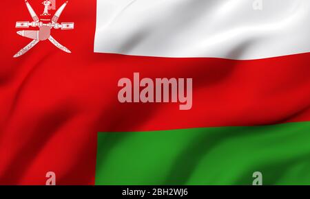 Flag of Oman blowing in the wind. Full page Omani flying flag. 3D illustration. Stock Photo