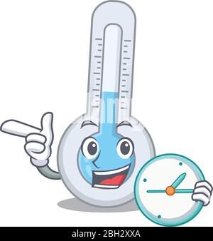 Cold thermometer mascot design concept smiling with clock Stock Vector