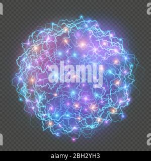 Electric ball with blue energy discharge strikes, round lightning or ...