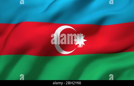 Flag of Azerbaijan blowing in the wind. Full page Azerbaijani flying flag. 3D illustration. Stock Photo