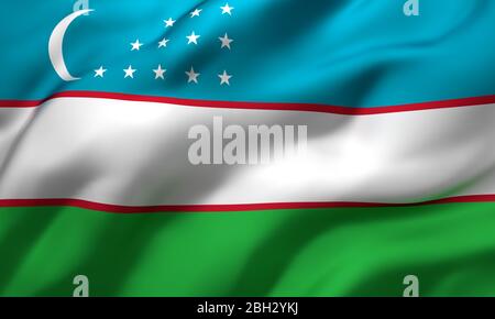 Flag of Uzbekistan blowing in the wind. Full page Uzbek flying flag. 3D illustration. Stock Photo