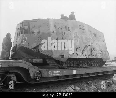 he A7V was a heavy tank introduced by Germany in 1918 during World War I. The A7V was 7.34 m (24 ft 1 in) long and 3 m (9 ft 10 in) wide, and the maximum height was 3.3 m (10 ft 10 in). The crew officially consisted of at least 17 soldiers and one officer: commander (officer, typically a lieutenant), driver, mechanic, mechanic/signaller, 12 infantrymen (six machine gunners, six loaders), and two artillerymen (main gunner and loader). A7Vs often went into action with as many as 25 men on boardTHE BRITISH ARMY ON THE WESTERN FRONT, 1914-1918 (Q 9774) Captured German A7V tank (named Hagen) on a r Stock Photo