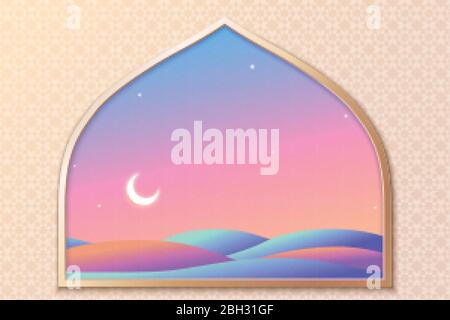 Dreamy neon color night desert scenery looking through from islamic arch window on arabesque background Stock Vector