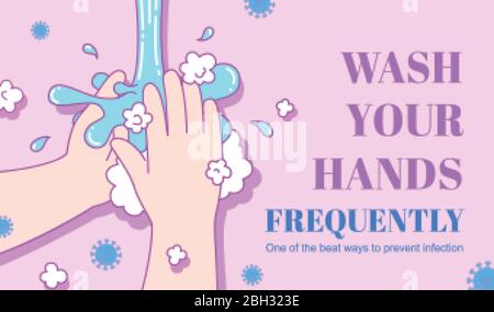 Wash your hands frequently with soap on light purple background, COVID-19 prevention Stock Vector